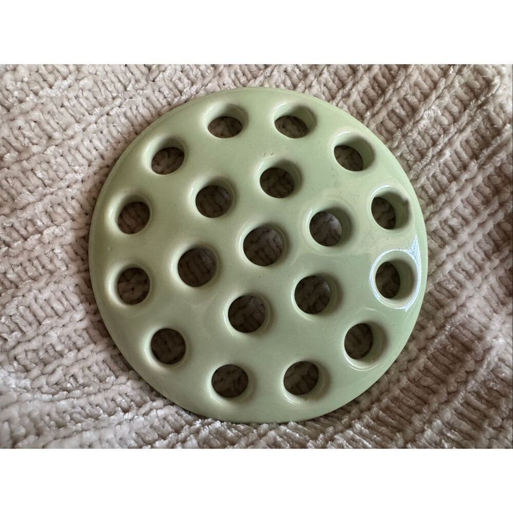 Ceramic flower frog lid kenzan Japanese jade green vintage mid century flower ar